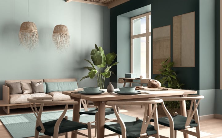 Décologie - Décoration éco-responsable intérieur design sur des tons turquoises et aménagé avec des meubles en bois recycle