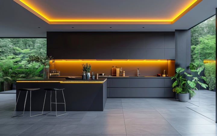 Faux plafond dans une cuisine ouverte avec éclairage LED intégré