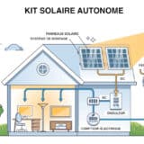 Schéma d'un kit solaire autonome : panneaux solaires, onduleur, batterie et régulateur de charge